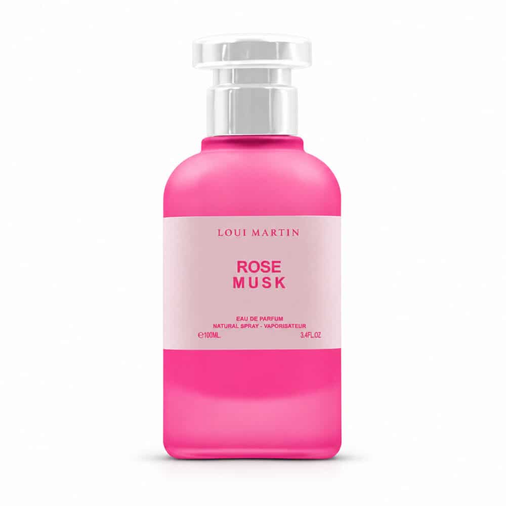 Flacon Rose Musk Loui Martin 100 ml sur fond blanc